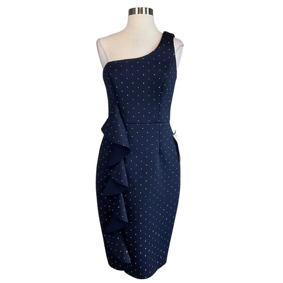 Betsy & Adam Women's Cocktail Dress Size 8 Blue Beaded One Shoulder Midi Sheath - Picture 1 of 12